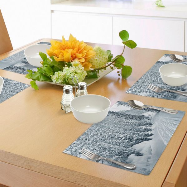 Tovagliette Invernali Abakuhaus, Tema Sciistico Snowy Road Cold Parts Of The World Footprints Colorado Usa, Tiscjdeco In Tessuto Resistente Ai Colori Per La Sala Da Pranzo E La Cucina, Bianco Nero-image