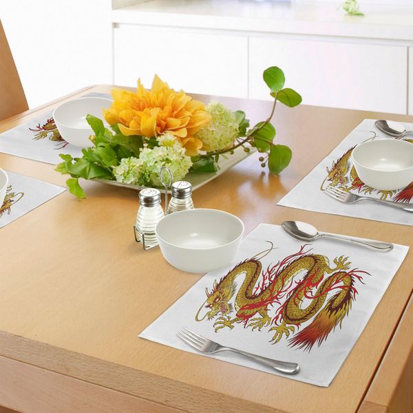 Abakuhaus Tovagliette Giapponesi Con Draghi, Figure Mitiche E Fantastiche Dal Carattere Focoso, Antica Cultura, Tiscjdeco In Tessuto Resistente Ai Colori Per La Sala Da Pranzo E La Cucina, Rosso Cinabro, Marrone Senape-image