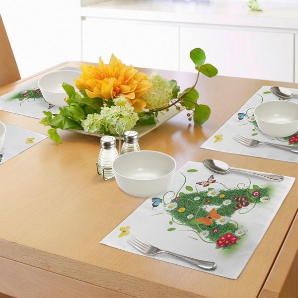 Abakuhaus Tovagliette Con Lettere, Prima Lettera Dell'alfabeto Natural Construction Green Leaves Butterflies, Tiscjdeco In Tessuto Resistente Al Lavaggio Per Sala Da Pranzo E Cucina, Multicolore Verde-image