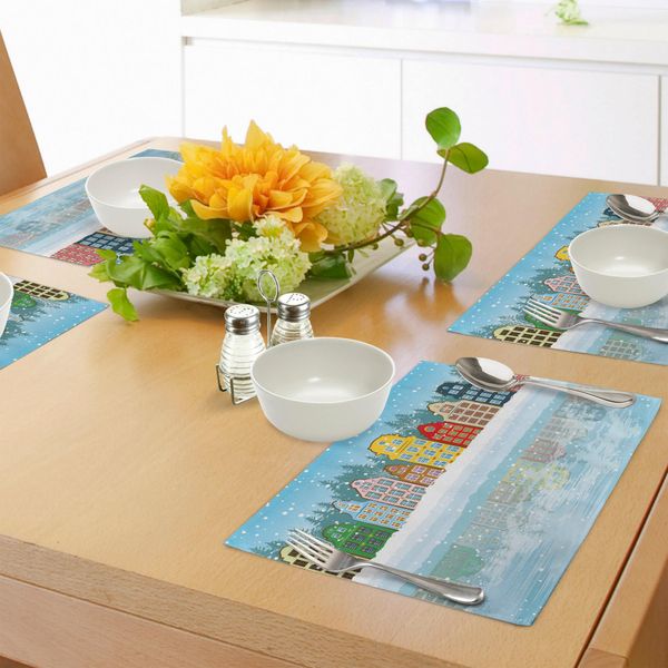 Tovagliette Abakuhaus Invernali, Tema Natalizio Snowy Digital Art Case Multicolori E Riflessi Sul Mare, Tiscjdeco In Tessuto Resistente Ai Colori Per La Sala Da Pranzo E La Cucina, Multicolore-image
