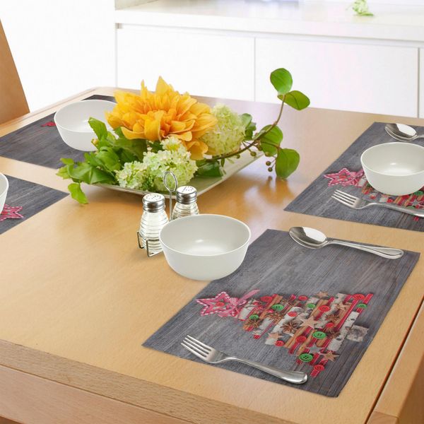 Tovagliette Natalizie Abakuhaus, Motivo Astratto Con Albero In Tessuto, Bottoni, Stelle, Albero, Coperchio E Sfondo In Legno, Decorazioni Da Tavola In Tessuto Resistente Al Lavaggio Per La Sala Da Pranzo E La Cucina, Multicolore-image