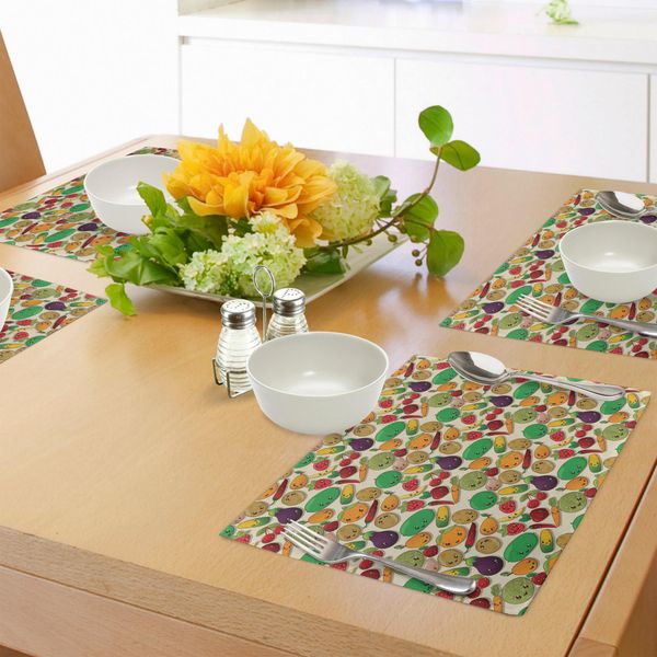 Tovagliette Abakuhaus Anime, Frutta E Verdura Assortita Con Kawaii Raffigura Alimenti Sani Come Simpatici Personaggi, Tessuto Lavabile E Resistente Allo Scolorimento Per Sala Da Pranzo E Cucina, Multicolore-image