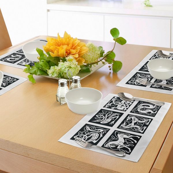 Abakuhaus Tovagliette Celtiche, Motivi Decorativi Astratti Con Animali In Stile Tribale Per Tatuaggi E Design Culturali, Stampa Digitale Su Tessuto Lavabile, Decorazione Da Tavola Per La Cucina, Bianco E Nero-image