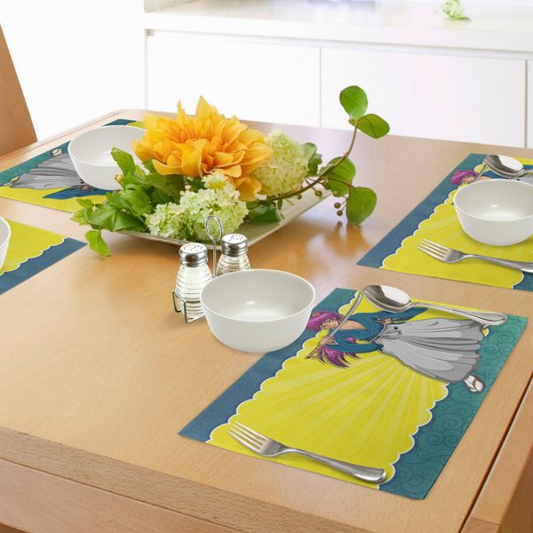 Tovagliette Abakuhaus Anime, Ragazza Samurai In Stile Manga Su Sfondo Astratto In Giallo E Blu, Tiscjdeco In Tessuto Resistente Al Lavaggio Per Sala Da Pranzo E Cucina, Multicolore-image