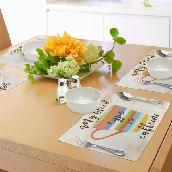 Tovagliette Abakuhaus, Scritta Stilizzata "Il Mio Gruppo Sanguigno è Caffeina"" Con Tazza Da Caffè Acquerellata In Stile Retrò, Decorazione Da Tavola In Tessuto Resistente Ai Colori Per La Sala Da Pranzo E La Cucina, Multicolore"-image