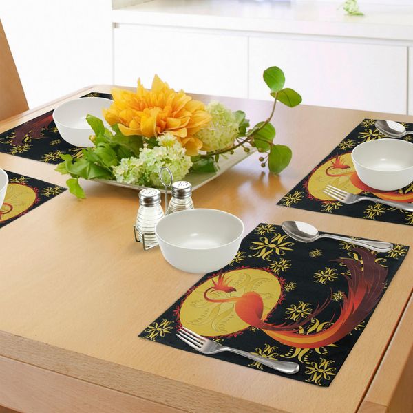 Tovagliette Abakuhaus Con Uccelli, Mitica Fenice In Fiamme Che Risalta Sul Disegno Ornamentale Della Luna Piena, Tiscjdeco In Tessuto Resistente Al Lavaggio Per La Sala Da Pranzo E La Cucina, Rosso Cinabro, Giallo E Nero-image