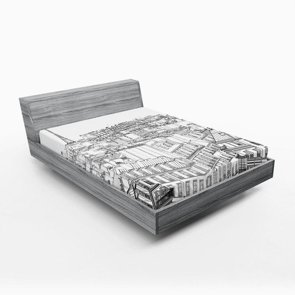 Abakuhaus Paris Lenzuolo Con Angoli, Illustrazione Tematica Architettonica Dei Tetti Di Parigi E Stampa Della Torre Eiffel, 150 X 190 Cm, Bianco E Nero-image