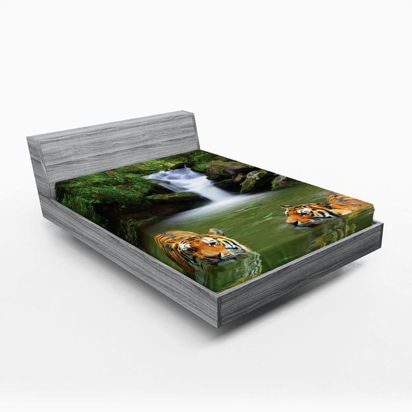 Abakuhaus Lenzuolo Con Angoli Safari, Tigre Siberiana Nell'acqua Cascata Piscina Nuoto Nella Foresta Asiatico Naturale, 120 X 190 Cm, Verde Reseda Arancione-image