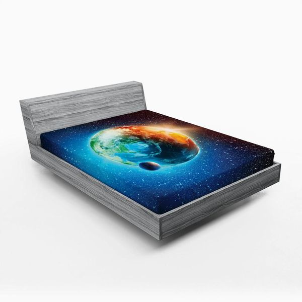 Abakuhaus Lenzuolo Con Angoli, Pianeta Terra Raggi Di Sole Elementi Astronomia Atmosfera Cielo Satelliti Luna Immagine, 90 X 190 Cm, Blu Rosso-image