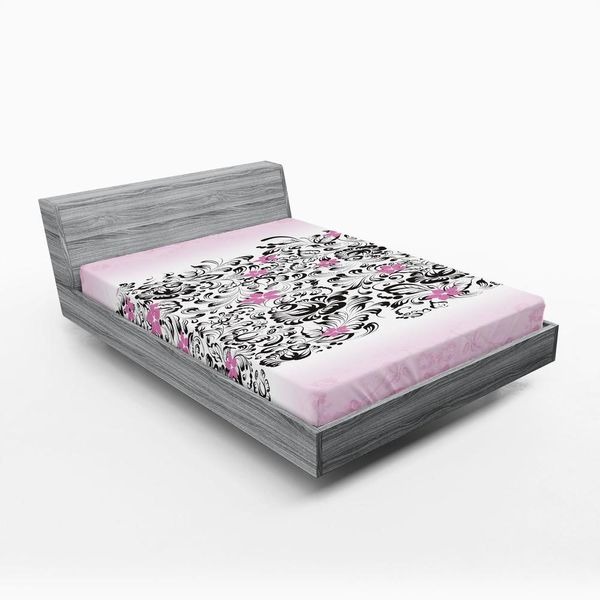 Abakuhaus Lenzuolo Con Angoli Nero E Rosa, Curly Romantici Fiori In Colore Rosa, Motivo, 150 X 190 Cm, Rosa E Grigio Scuro-image