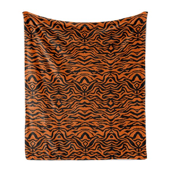 Coperta In Morbido Pile Di Flanella Abakuhaus Safari, Illustrazione Con Motivo Tigrato Ed Elementi Della Giungla Tropicale, 175 X 230 Cm, Arancione E Grigio Scuro-image