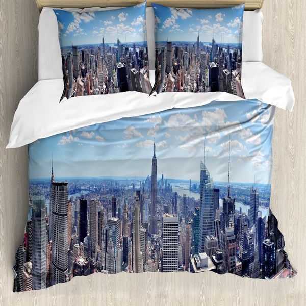 Abakuhaus Nyc Set Copripiumino Per Letto Singolo, Foto Aerea Dei Grattacieli, Antiacaro, Adatto A Chi Soffre Di Allergie, Con Federa, 200 Cm X 200 Cm - 80 X 80 Cm, Pale Sky Blue Multicolor-image