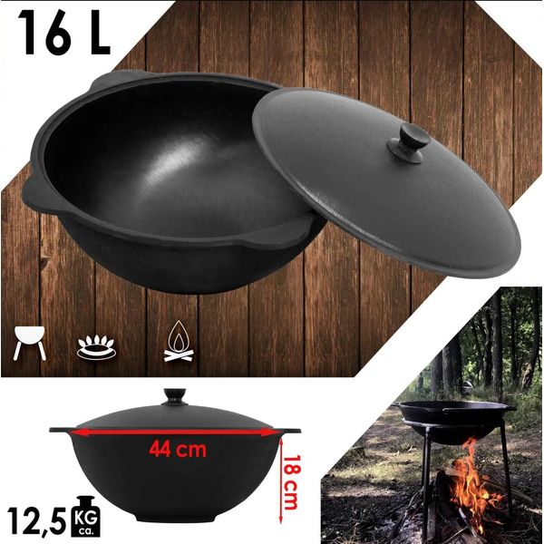 Pentola In Ghisa Da 16L Con Coperchio In Alluminio - Pentola Uzbeka Con Fondo Liscio, Pentola Da Campeggio, Bbq-image