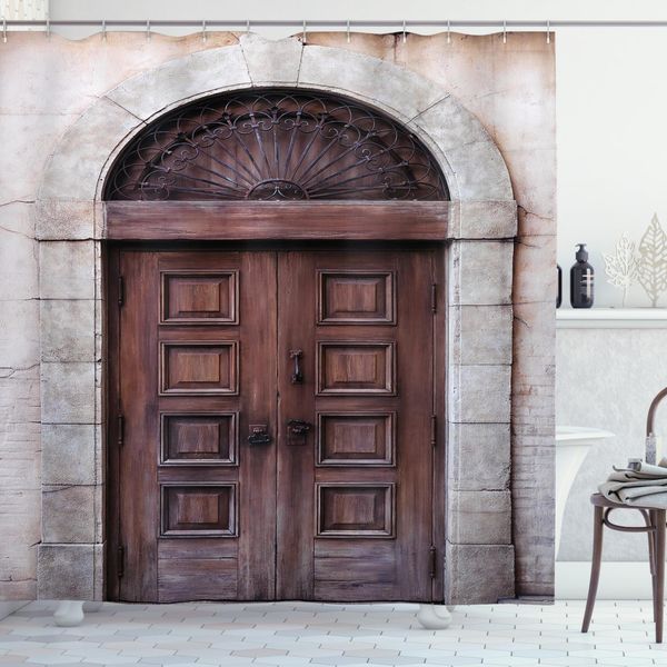 Abakuhaus Tenda Da Doccia Rustica, Porta Veneziana Arcuata, Impermeabile, Incl. 12 Anelli, Resistente A Batteri E Muffe, 175 X 180 Cm, Marrone Crema-image