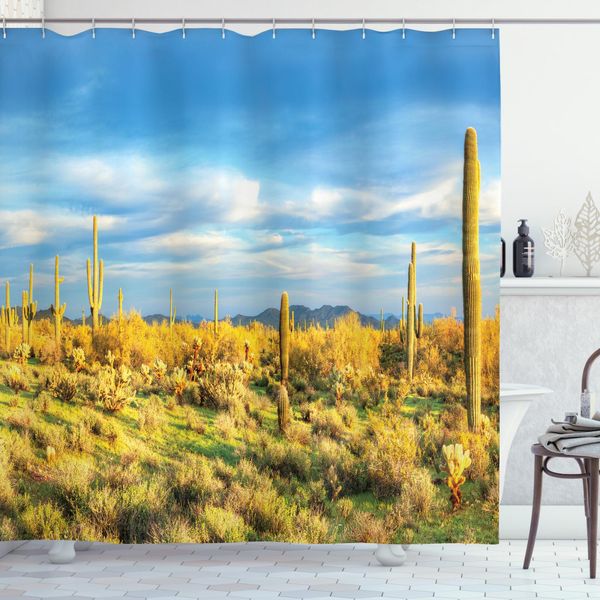 Abakuhaus Tenda Da Doccia Floreale, West Cactus Spikes, Impermeabile, Inclusi 12 Anelli, Resistente A Batteri E Muffe, 175 X 200 Cm, Verde Blu Giallo-image