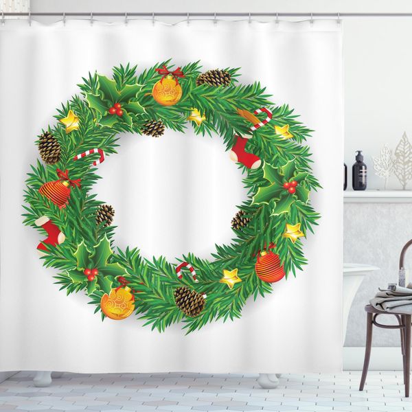 Abakuhaus Tenda Da Doccia Natalizia, Ghirlanda Evergreen Artificiale, Set Incl. 12 Ganci In Tessuto Impermeabile, Antibatterico E Antimuffa, 175 X 180 Cm, Verde-Bianco-image