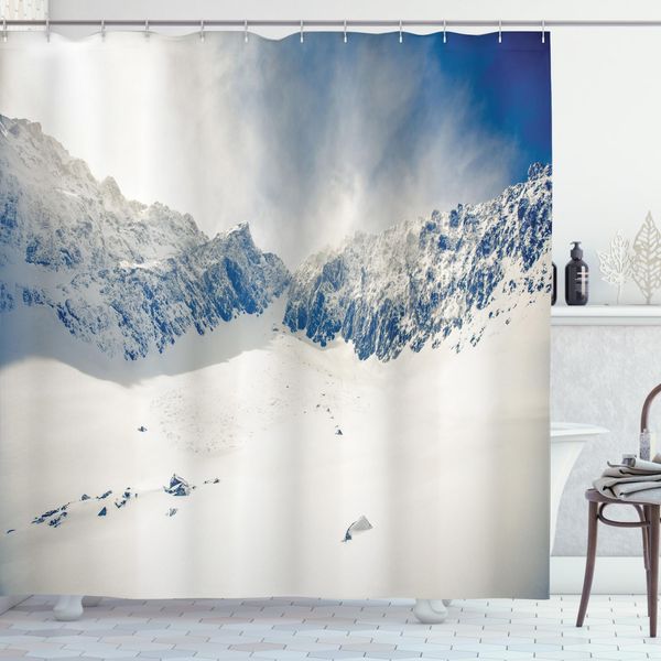 Abakuhaus Tenda Da Doccia Invernale, Montagne Innevate Naturali, Impermeabile, Incl. 12 Anelli, Resistente A Batteri E Muffe, 175 X 220 Cm, Bianco Blu-image