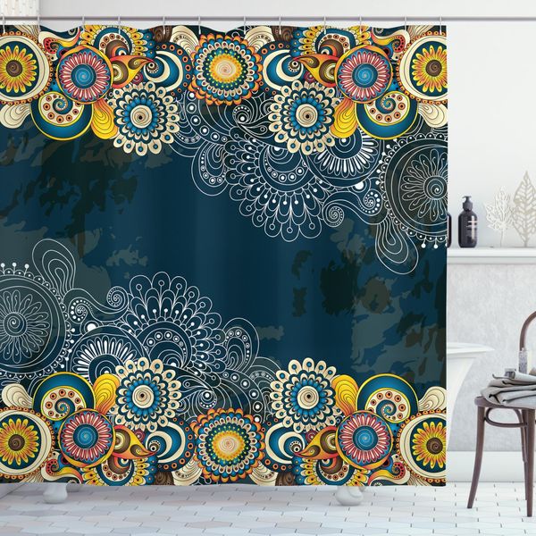 Abakuhaus Tenda Da Doccia Psichedelica, Mandala Paisley, Resistente A Sapone, Batteri, Muffa E Acqua, Incl. 12 Ganci E Colori Resistenti, 175 X 180 Cm, Blu Giallo-image