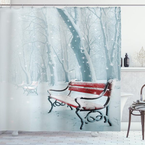 Abakuhaus Tenda Da Doccia Wald, Snowy Bench Misty Pfad, Con Set Di 12 Anelli Impermeabile Elegante Moderna Colori Resistenti E Antimuffa, 175 X 220 Cm, Bianco-image