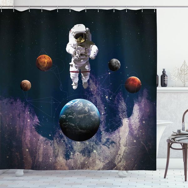 Abakuhaus Tenda Da Doccia Nebel, Planet Earth Art Outer, Opaca, Incl. 12 Anelli, Resistente A Batteri E Muffe, 175 X 200 Cm, Beige E Blu-image