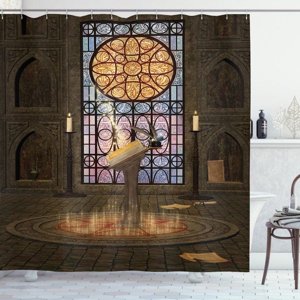 Abakuhaus Tenda Da Doccia Gotica, Candele Magiche Con Pentagramma, Set Di 12 Anelli Impermeabile Elegante Moderna Colori Resistenti E Antimuffa, 175 X 220 Cm, Verde Oliva Senape-image