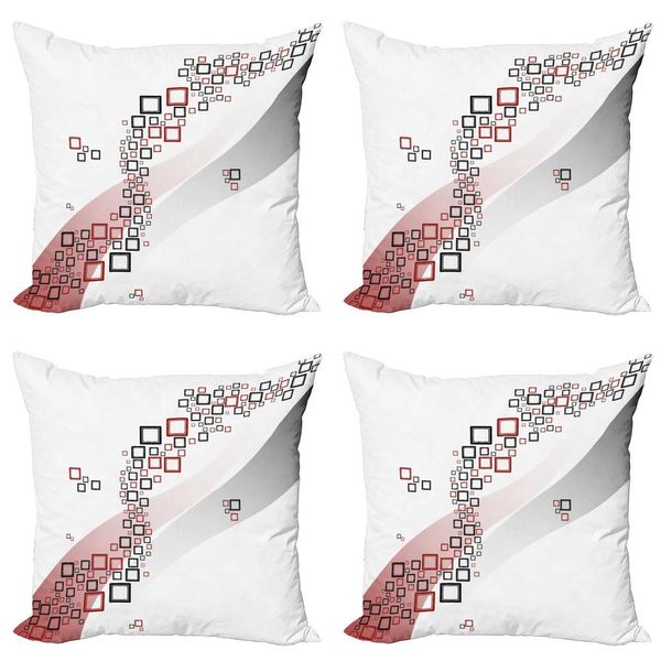 Abakuhaus Set Di Federe Astratte (4 Pezzi), Forme Ondulate, Stampa Digitale Moderna Su Entrambi I Lati, 50 Cm X 50 Cm, Grigio E Rosso-image