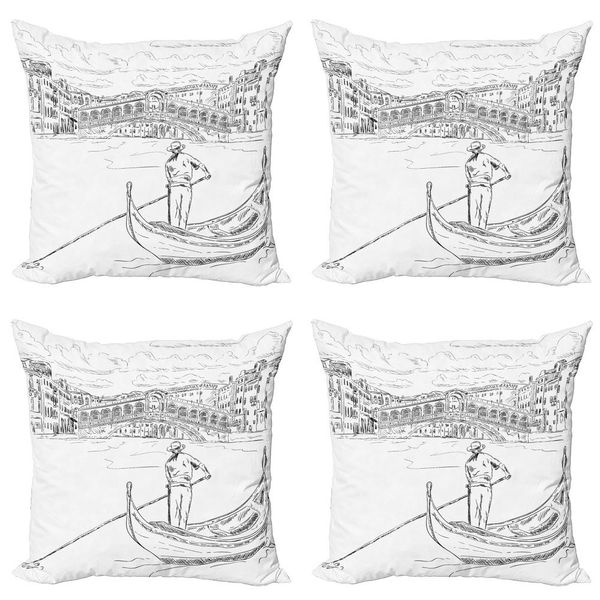 Abakuhaus Venezia Set Di Federe (4 Pezzi), Ponte Di Rialto Gondola, Stampa Digitale Moderna Su Entrambi I Lati, 45 Cm X 45 Cm, Bianco E Nero-image