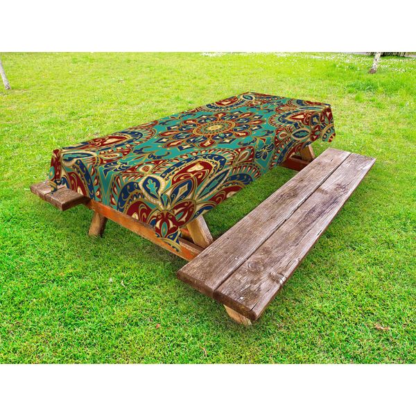 Abakuhaus Tovaglia Mandala Outdoor, Motivo Con Stile Mandala Medievale Orientale Arabesco Etnico Orientale, Verde Acqua Indaco Rubino, 145X210 Cm-image