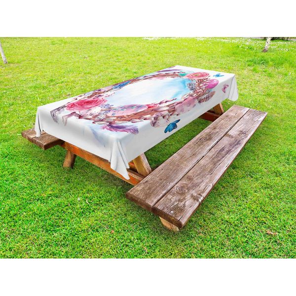 Abakuhaus Tovaglia Primaverile Per Esterni, Ghirlanda Di Fiori Con Rami, Farfalle, Piume, Happy Harvest Season, Stile Acquerello, Multicolore, 145X305 Cm-image