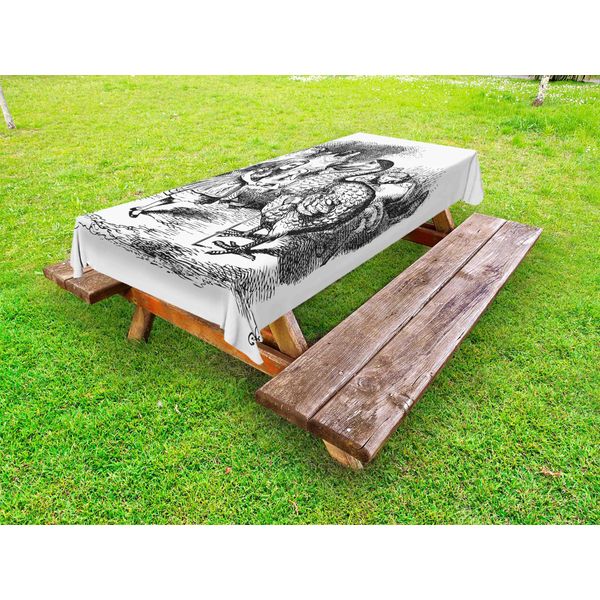 Abakuhaus Alice Tovaglia Da Esterno, Alice Nel Paese Delle Meraviglie Con Dodo Animal Adventures Big Bird Sketch Tema Per Bambini, Bianco E Nero, 145X210 Cm-image