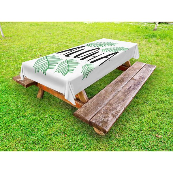 Abakuhaus Tovaglia Aloha Outdoor, Grazioso Motivo Estivo Con Testo Inky E Foglie Tropicali Oceanic Beachy, Grigio Antracite E Verde, 145X265 Cm-image