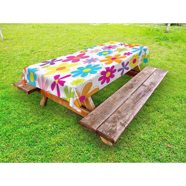 Abakuhaus Tovaglia Primaverile Con Motivi Floreali Per Esterni, Motivo Retrò Colorato In Stile Hippie Con Fiori Di Diversi Colori, Bianco E Multicolore, 145X210 Cm-image