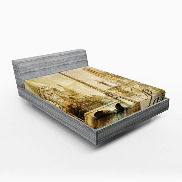 Abakuhaus Paris Lenzuolo Con Angoli, Design Vintage Stile Sbiadito, Simbolo Della Capitale Francese Torre Eiffel, 160 X 200 Cm, Beige Pallido Cammello-image