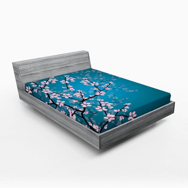 Abakuhaus Lenzuolo Con Angoli Giapponese, Rosa Fiorisce Foglie Artificiali E Piante Ombre Primavera Giapponese Fiori Di Ciliegio Nel Giardino Parco, 140 X 200 Cm, Blu Petrolio Rosa Chiaro-image