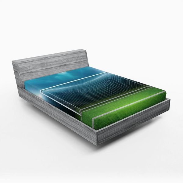 Abakuhaus Lenzuolo Con Angoli Per Letto, Tema Calcio, Porta Da Calcio, Area Sportiva, Vincitori, Perdenti, Riflettori, Squadra Migliore, Finale, 150 X 190 Cm, Verde E Blu-image