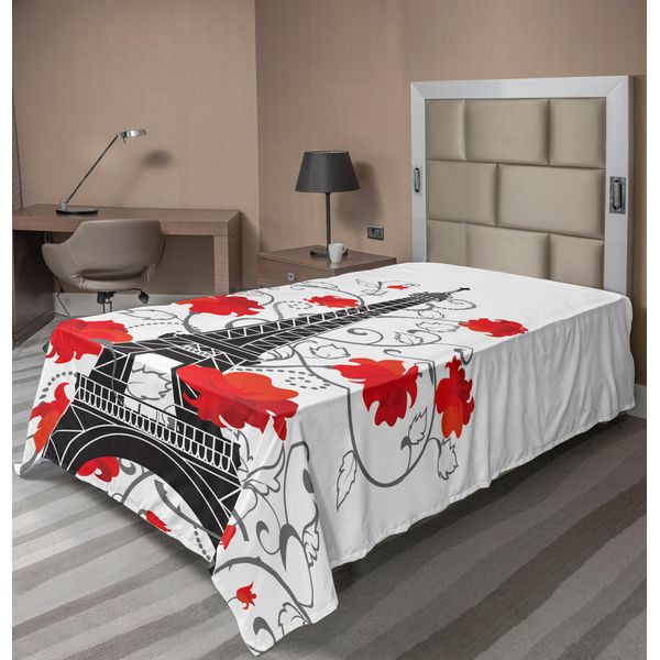 Abakuhaus Lenzuolo Torre Eiffel, Disegni Astratti E Moderni Dei Monumenti Di Parigi Con Elaborati Fiori Ricci, Lenzuolo Superiore Morbido E Confortevole Per Un Letto Decorativo 1 Pezzo 190 Cm X 100 Cm, Vermiglio, Nero E Grigio-image
