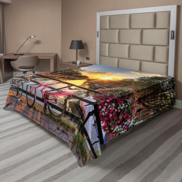 Abakuhaus Lenzuolo Città, Olanda Amsterdam Foto Della Città Con Tramonto Sul Canale E Biciclette Sfere Floreali, Morbido E Confortevole Lenzuolo Superiore Per Un Letto Decorativo 1 Pezzo 266 Cm X 260 Cm, Multicolore-image