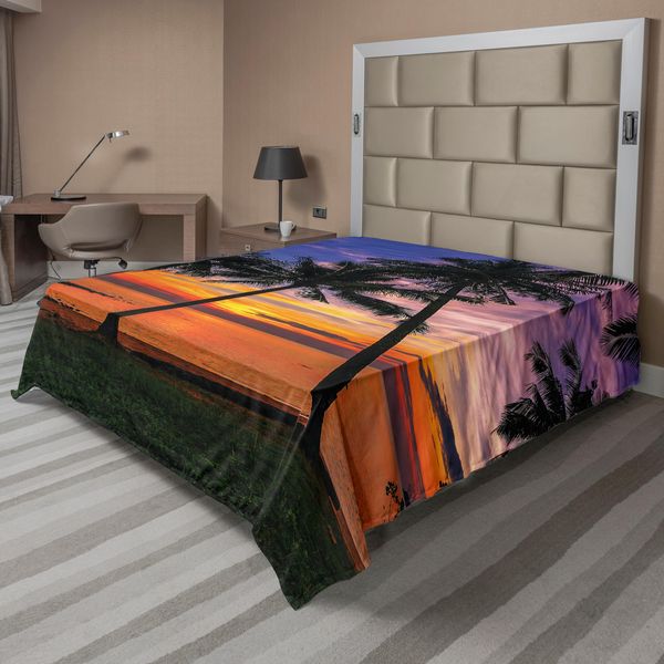 Abakuhaus Lenzuolo Tropicale, Motivo Esotico Con Palme, Spiaggia E Tramonto Sul Mare Alle Hawaii, Stagione Estiva, Lenzuolo Morbido E Confortevole Per Un Letto Decorativo, 1 Pezzo, 275 Cm X 260 Cm, Multicolore-image