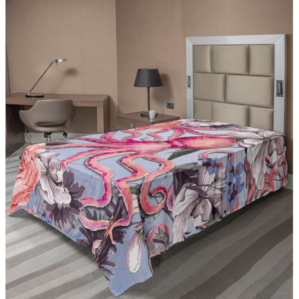 Abakuhaus Lenzuolo Con Polipo, Motivo Vintage In Stile Acquerello Con Polipo E Delicati Fiori, Lenzuolo Morbido E Confortevole Per Un Letto Decorativo 1 Pezzo 260 Cm X 168 Cm, Multicolore-image