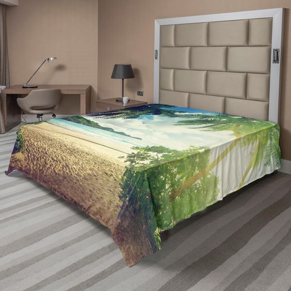 Abakuhaus Lenzuolo Hawaiano, Palme E Mare, Costa, Sabbia, Paesaggio Marino, Vacanze Estive Tropicali, Lenzuolo Morbido E Confortevole Per Un Letto Decorativo, 1 Pezzo, 244 Cm X 205 Cm, Verde E Blu-image