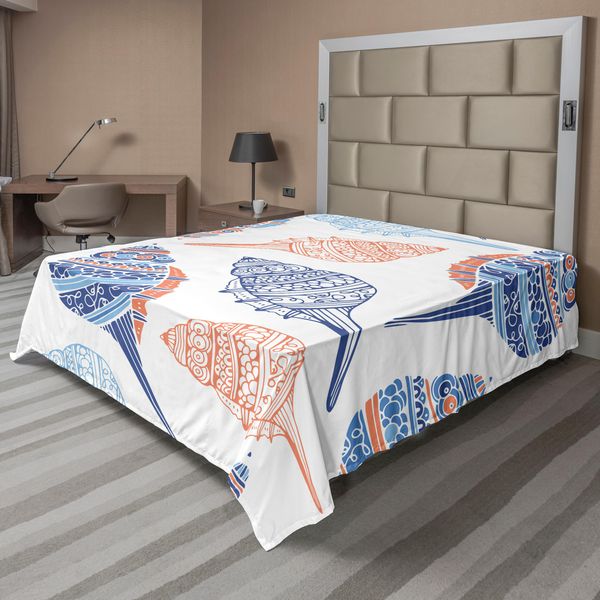 Abakuhaus Lenzuolo Con Conchiglie, Creature Marine E Vita Marina Conchiglie Colorate Disegnate Sulla Spiaggia, Lenzuolo Morbido E Confortevole Per Un Letto Decorativo 1 Pezzo 260 Cm X 228 Cm, Blu, Bianco E Arancione Chiaro-image