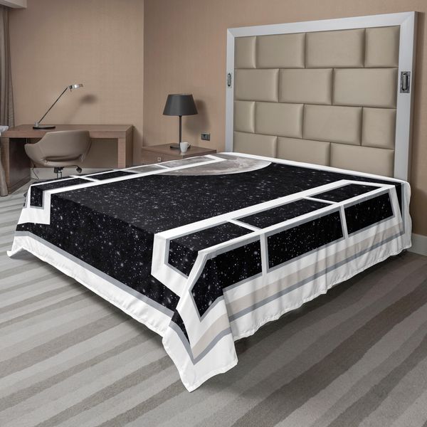 Abakuhaus Lenzuolo Spaziale, Finestra Sullo Spazio Disegni A Tema Luna Con Stelle Illustrazione, Morbido E Confortevole Lenzuolo Superiore Per Un Letto Decorativo 1 Pezzo 275 Cm X 260 Cm, Nero Bianco Grigio-image