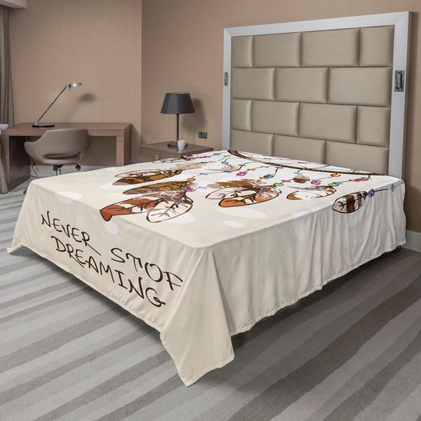 Abakuhaus Lenzuolo Bohemien, Design Con Piume E Acchiappasogni Non Smettere Mai Di Sognare Stile Tipografico Cartoonistico, Lenzuolo Morbido E Confortevole Per Un Letto Decorativo 1 Pezzo 266 Cm X 260 Cm, Beige E Marrone-image