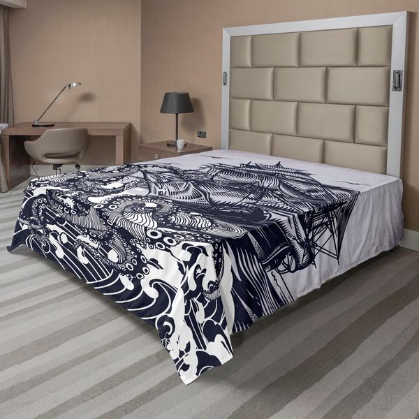 Abakuhaus Lenzuolo Nautico, Polipo E Nave In Una Tempesta Elementi Marini Con Oceano Increspato, Lenzuolo Superiore Morbido E Confortevole Per Un Letto Decorativo 1 Pezzo 260 Cm X 228 Cm, Indigo Purpleblue-image