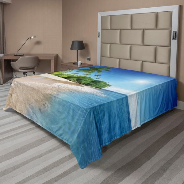 Abakuhaus Lenzuolo Blu, Palme Tropicali Dell'oceano Su Sunny Island Beach Scene - Immagine Panoramica, Lenzuolo Morbido E Confortevole Per Un Letto Decorativo 1 Pezzo 260 Cm X 228 Cm, Verde Bianco Blu-image