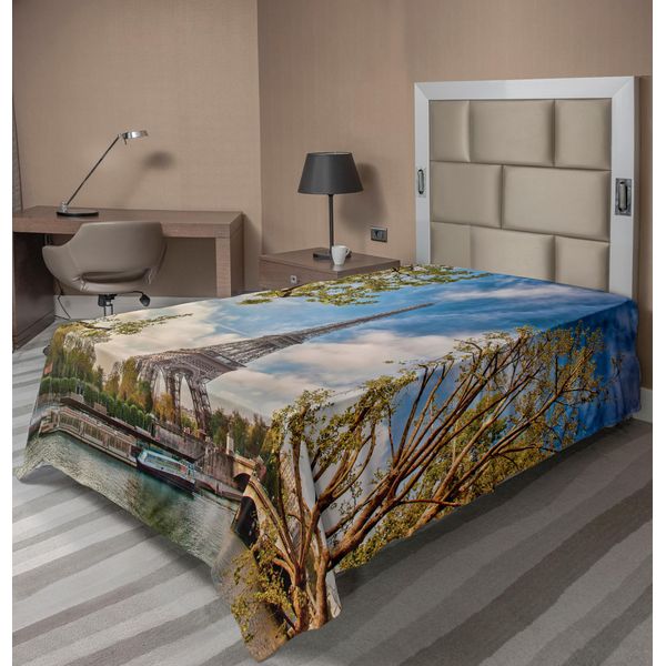 Abakuhaus Paris Lenzuolo, Torre Eiffel E Cielo Nuvoloso Foto Panoramica Primavera Parigi Viaggi Destinazione, Morbido E Confortevole Lenzuolo Superiore Per Un Letto Decorativo 1 Pezzo 260 Cm X 168 Cm, Blu Marrone-image