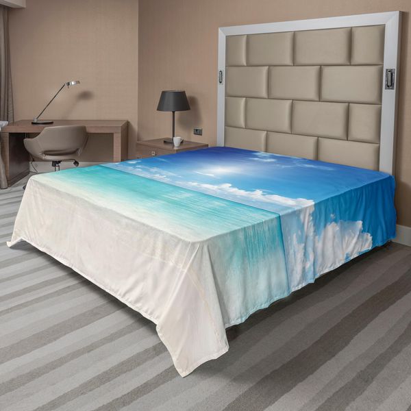 Abakuhaus Lenzuolo Oceano, Cielo E Paesaggio Marino Sabbia Dorata Spiaggia Tropicale Nuvole Cielo Soleggiato, Morbido E Confortevole Lenzuolo Superiore Per Un Letto Decorativo 1 Pezzo 244 Cm X 205 Cm, Crema Turchese Bianco-image