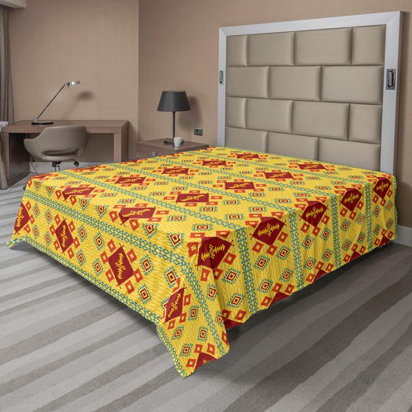 Abakuhaus Lenzuola Locali, Motivi Tribali Etnici Nativi, Bordi A Rombi, Lenzuolo Superiore Morbido E Confortevole Per Un Letto Decorativo, 1 Pezzo 275 Cm X 260 Cm, Giallo, Arancione E Rosso-image