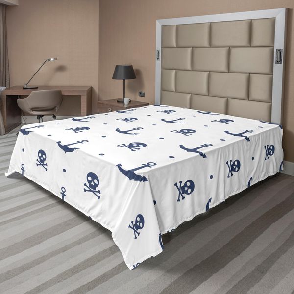 Abakuhaus Lenzuolo Con Ancore, Ancore E Teschi, Ossa Incrociate, Pirati, Horror, Paura, Marinaio, Illustrazioni Artistiche, Lenzuolo Morbido E Confortevole Per Un Letto Decorativo, 1 Pezzo, 260 Cm X 228 Cm, Blu Navy-image
