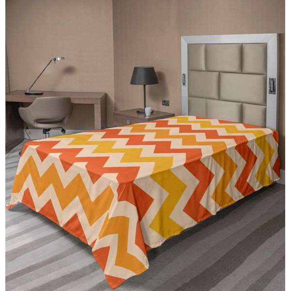 Abakuhaus Lenzuolo Angolare, Motivo Geometrico Ondulato, Colori Caldi E Vivaci, Grafica Decorativa In Stile Vintage, Lenzuolo Morbido E Confortevole Per Un Letto Decorativo, 1 Pezzo, 260 Cm X 168 Cm, Arancione, Crema, Giallo-image